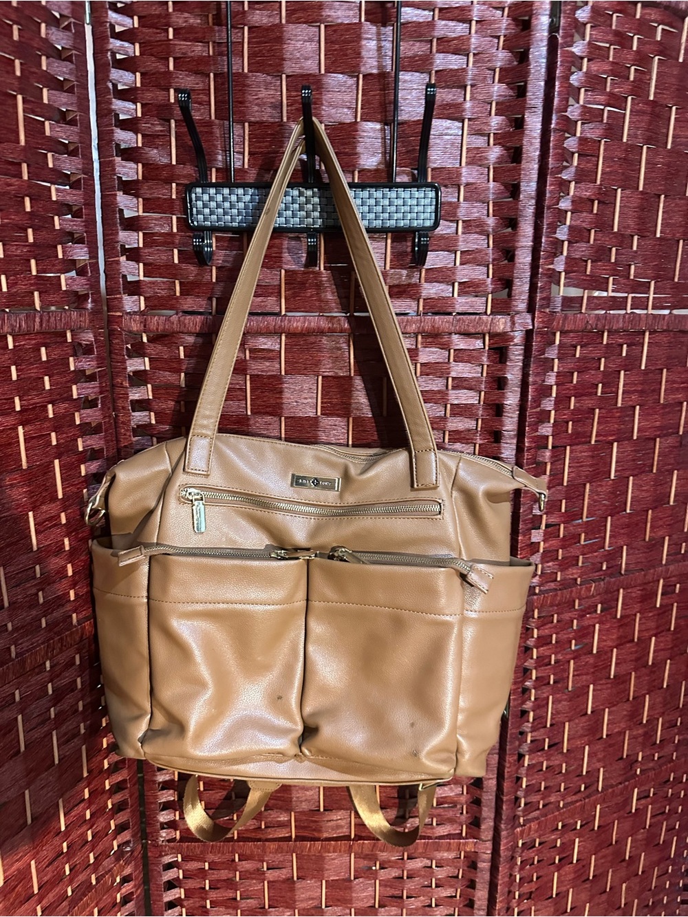 Tan Baby Bag Backpack Tote with Multiple Front Pockets